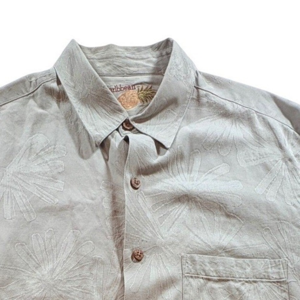 Caribbean Silk Blend Shirt Men Large Sage Green Floral Jacquard Camp Button Down